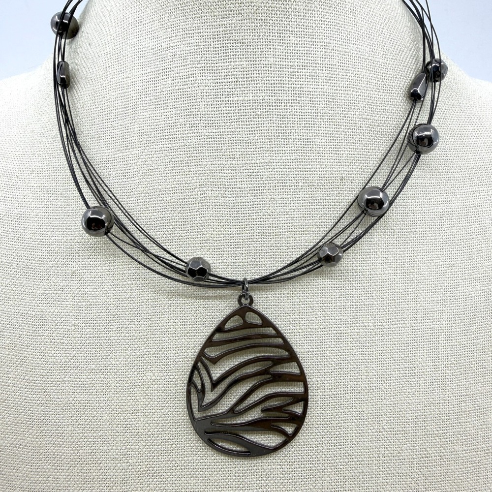 Gunmetal Zebra Teardrop Pendant Multi Strand Wire Necklace Statement Jewelry